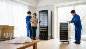 ワインセラーの買い替えを行う夫婦と、新しいワインセラーの搬入を行う家電量販店のスタッフ