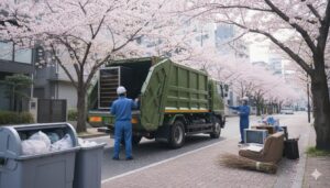 桜並木の歩道に置かれたワインセラーに「粗大ゴミ不可」「家電リサイクル法対象」と書かれた赤い警告シールが貼られており、困惑した様子の清掃員が遠くで頭を抱えている様子。