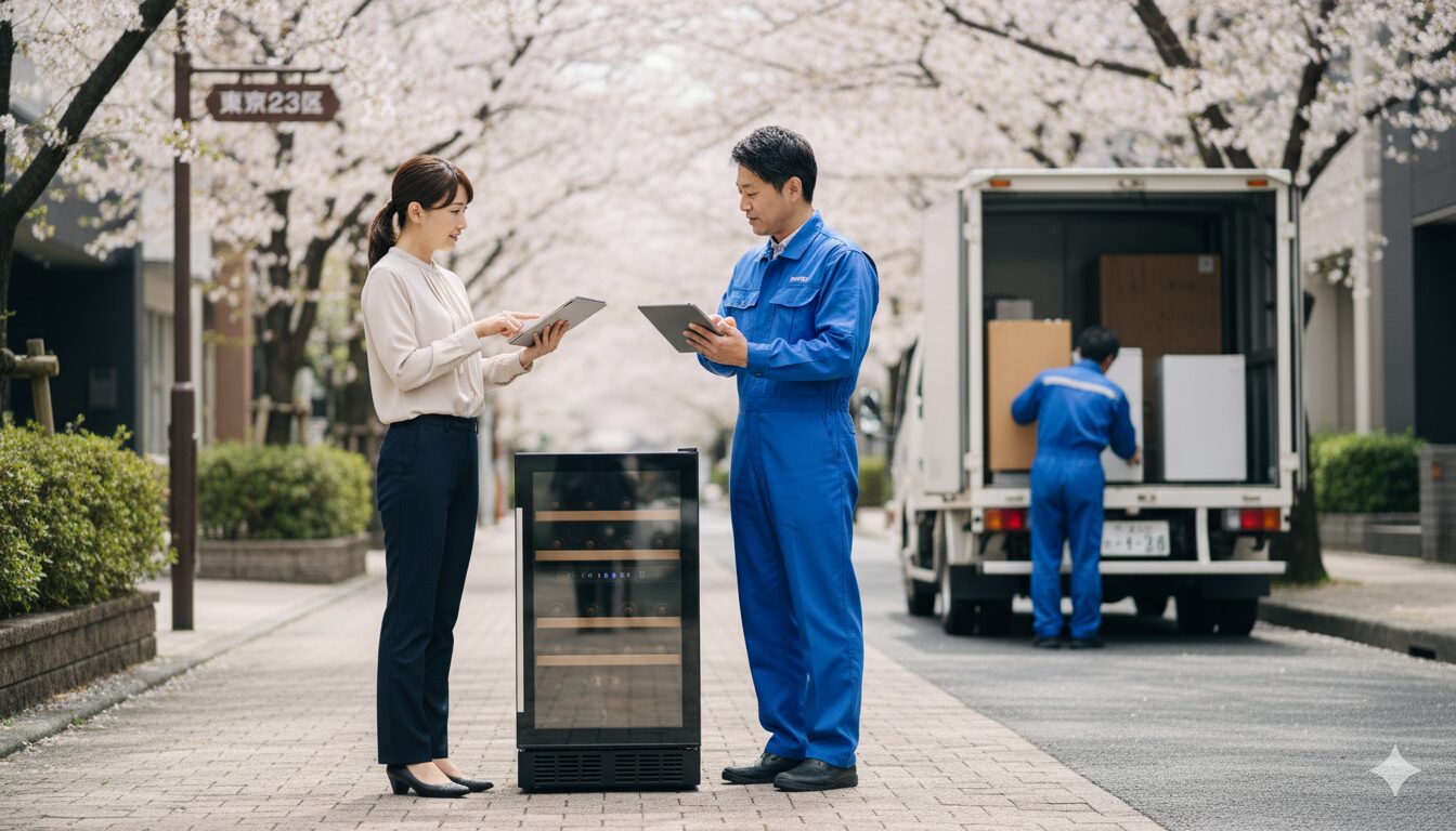 東京23区の標識がある桜並木の街中で、女性が自宅前に置かれたワインセラーの引き取りに来た回収業者に書類を手渡し、回収業者はタブレットで確認している。背景には回収車両と他の作業員が見える。