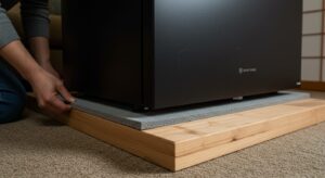 カーペット敷きのリビングで、床を保護するために厚い木の板の上にワインセラーを設置している様子。