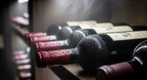 ワインセラーのディスプレイに表示された理想的な保管環境を示す温度13度と湿度70パーセントのクローズアップ。