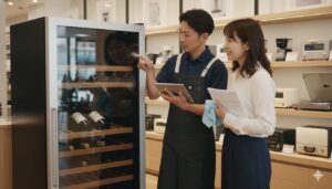 リサイクルショップで最新機能のワインセラーの説明を行うショップスタッフ