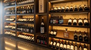 ワインだけでなく、数本の日本酒やクラフトビールも一緒に最適な温度で保管されている、整理整頓されたワインセラー。