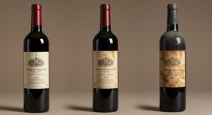 2年、10年、20年と記されたラベルが貼られた3本のワインボトルが並べられ、熟成による色とボトルの変化を示している。