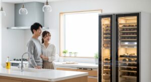 モダンな日本のキッチンに設置された、ワインセラー一体型のスタイリッシュな冷蔵庫と、それを見て満足そうな若い夫婦。