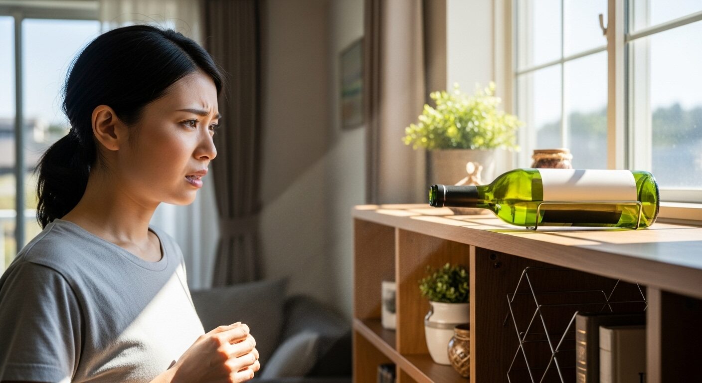 日本人女性がリビングの棚に置かれたワインボトルを心配そうに見ている。周囲には日光が差し込み、部屋はやや暑そうに見える。