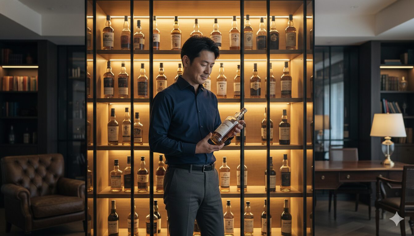 美しくライトアップされた自宅の広範なコレクションキャビネットから、シングルモルトウイスキーのボトルを慎重に選んでいる、笑顔の日本人男性。