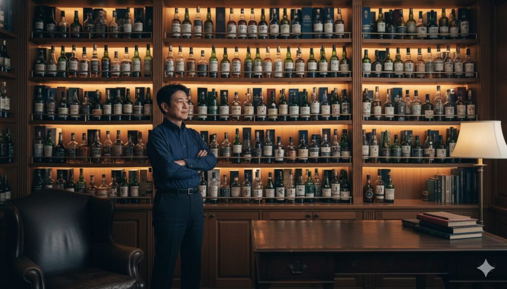 クラシックな書斎で、床から天井まである広大なウイスキーボトルコレクションの壁の前に腕を組んで立つ、誇らしげな日本人のウイスキーコレクター。