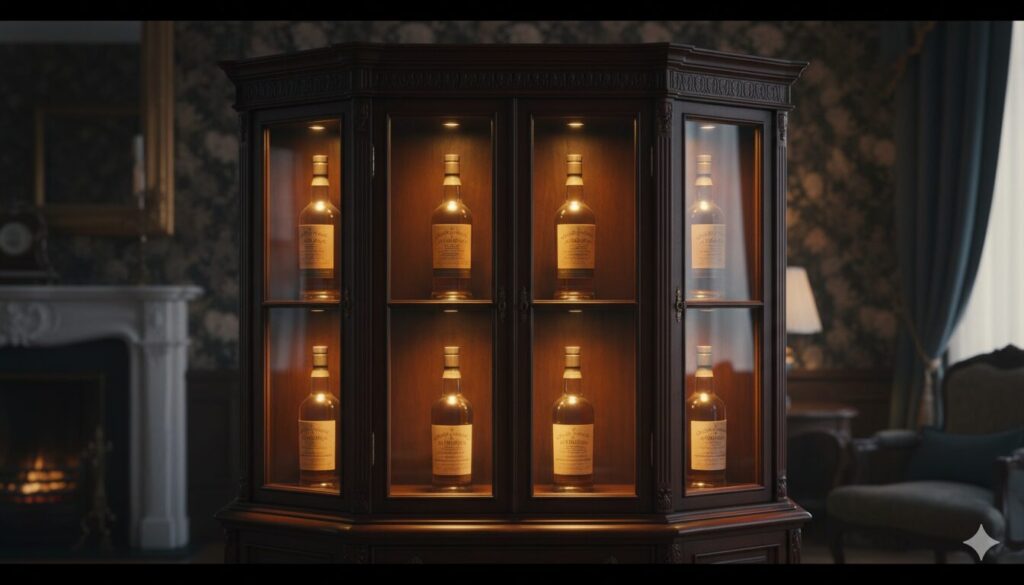 アンティーク調のダークウッドとガラスでできた、照明付きのキャビネットの中にエレガントに飾られた希少なウイスキーボトル。価値の高いコレクションを思わせる。