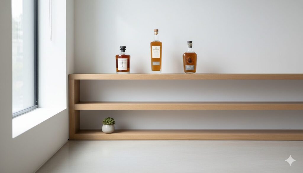 すっきりとした白い壁を背景に、明るいオーク材のオープンシェルフにミニマルなスタイルで飾られた3本のウイスキーボトルが、モダンで洗練された印象を与えている。