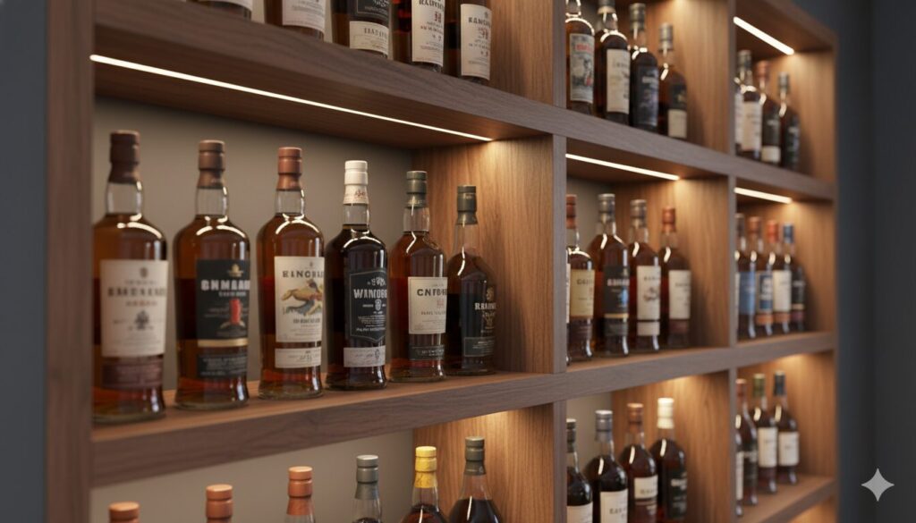 暖色系のバックライトが付いた木製の棚にディスプレイされた、様々なウイスキーボトルの印象的なコレクション。整理されたホームバーを示している。