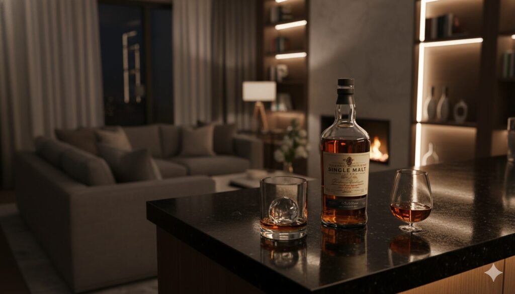モダンなバーカウンターの上に置かれたシングルモルトウイスキーのボトルと大きな氷の入ったグラス。背景には薄暗く居心地の良いリビングルームがある。